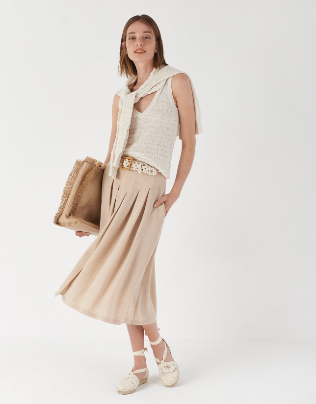Sand-colored midi skirt with yoke and pleats