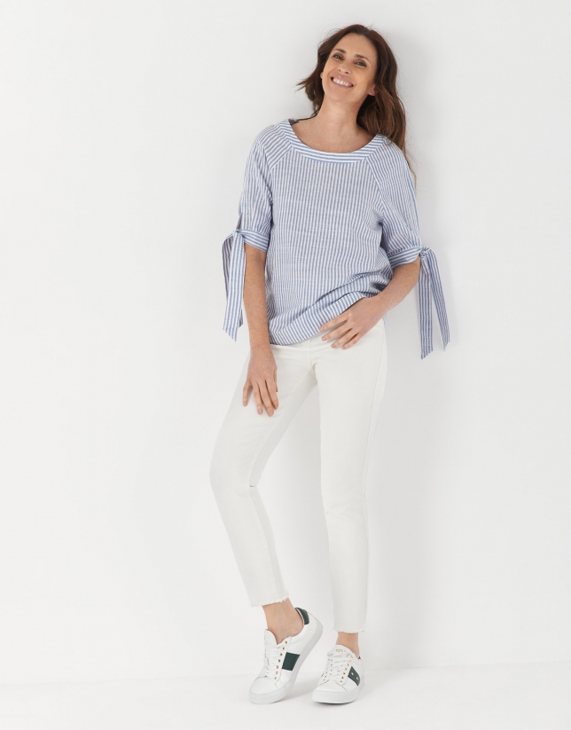 Blue striped blouse with boat neck