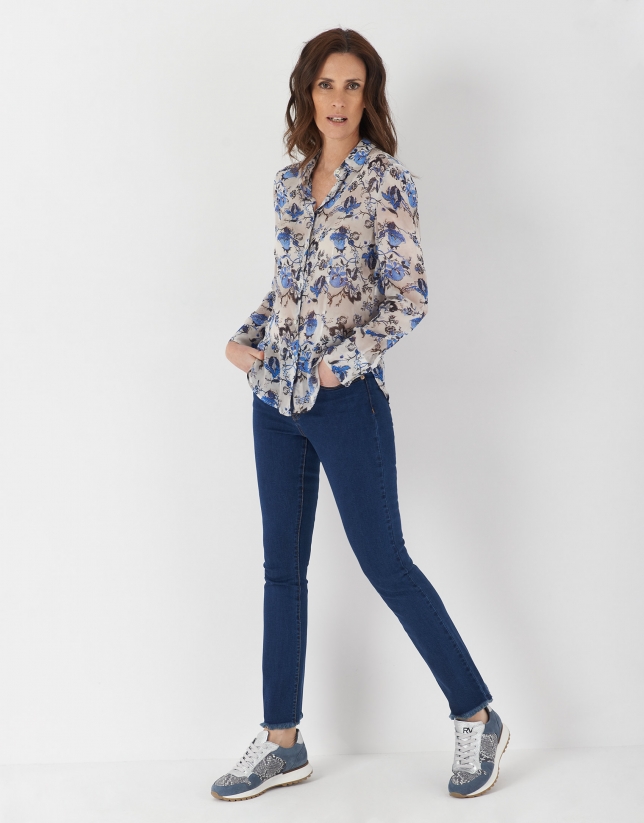 Blue floral print shirt with long sleeves