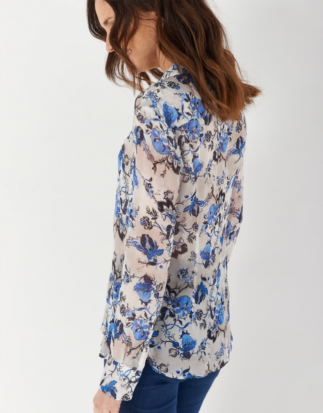 Blue floral print shirt with long sleeves