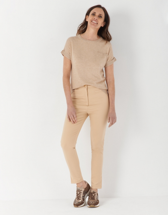 Sand-colored knit top with short bat-sleeves
