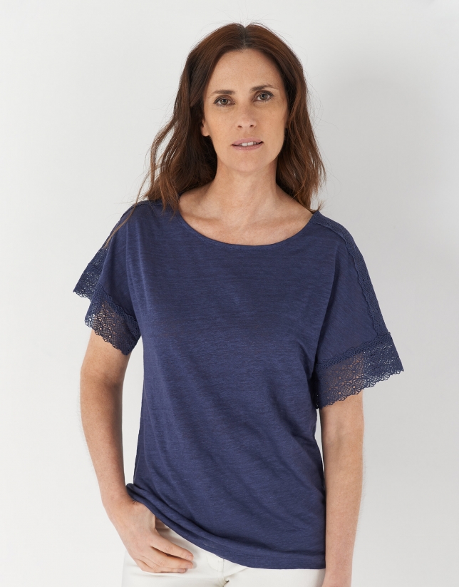 Blue linen top with lace on sleeves