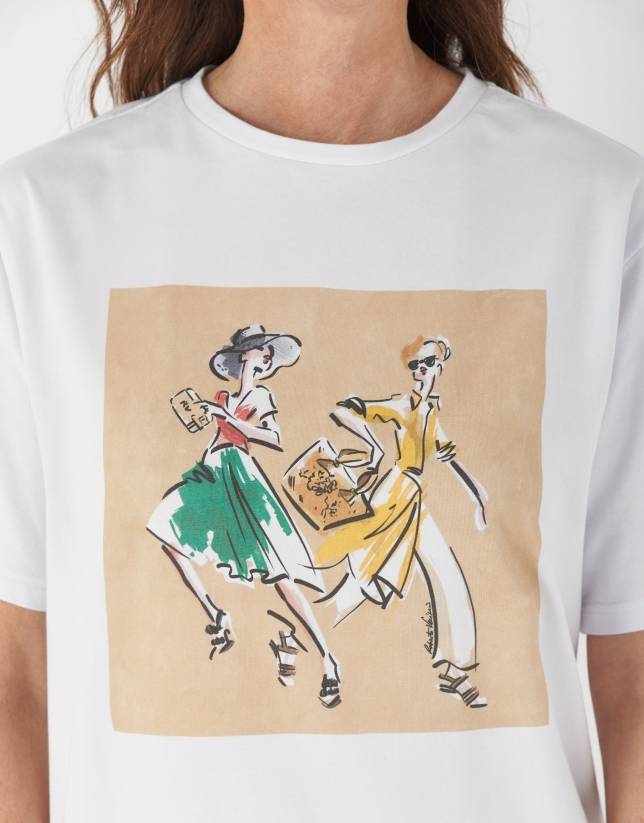 White top with fashion drawing of two figures