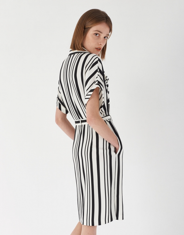 Black and white wide striped shirtwaist dress