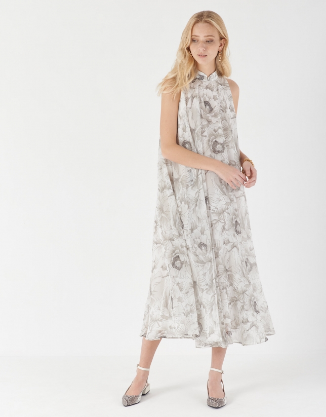 Gray floral print flowing long dress