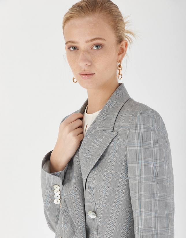 Gray and blue glen plaid double-breasted blazer