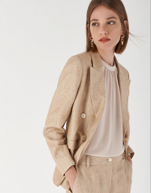 Sand-colored linen double-breasted blazer