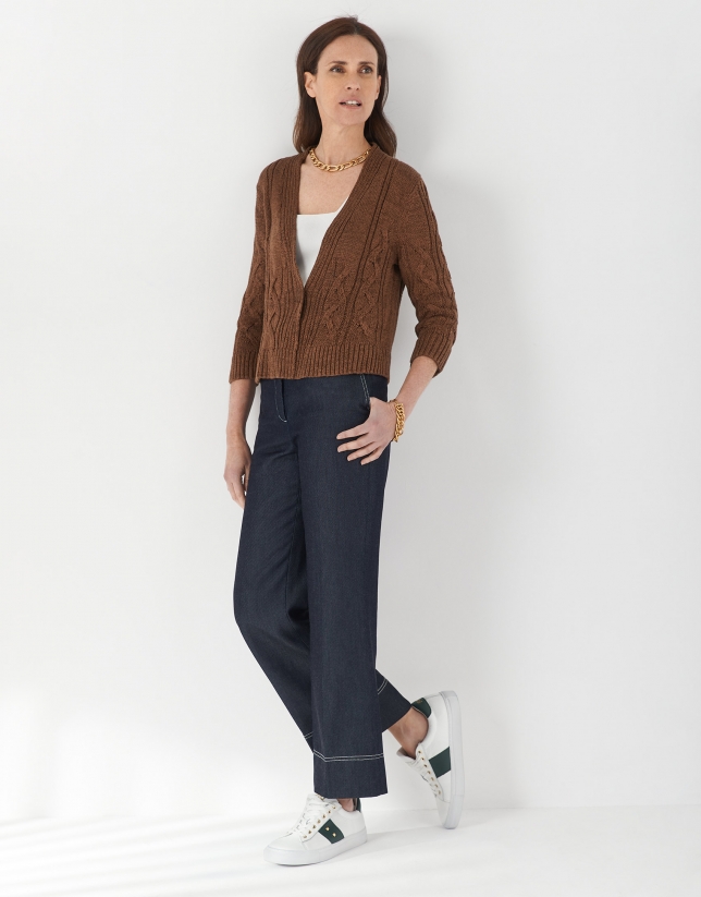 Brown cable-stitch short cardigan