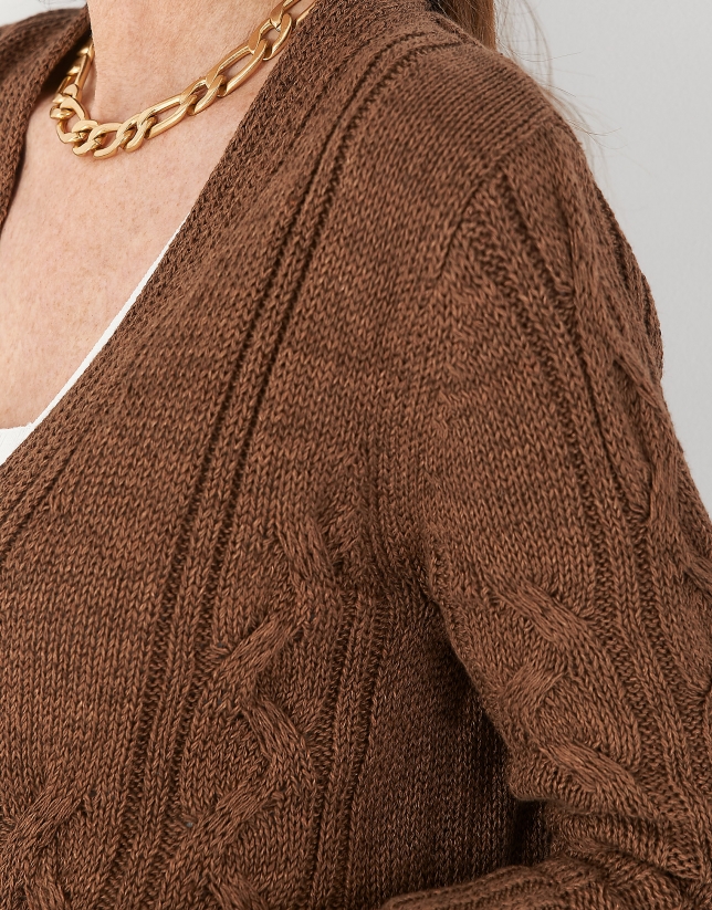 Brown cable-stitch short cardigan