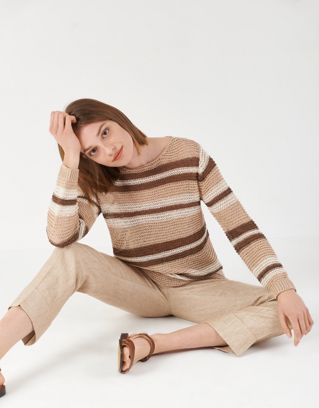 Brown and beige striped lurex sweater