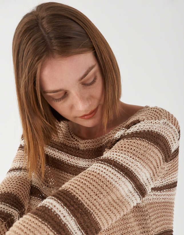 Brown and beige striped lurex sweater