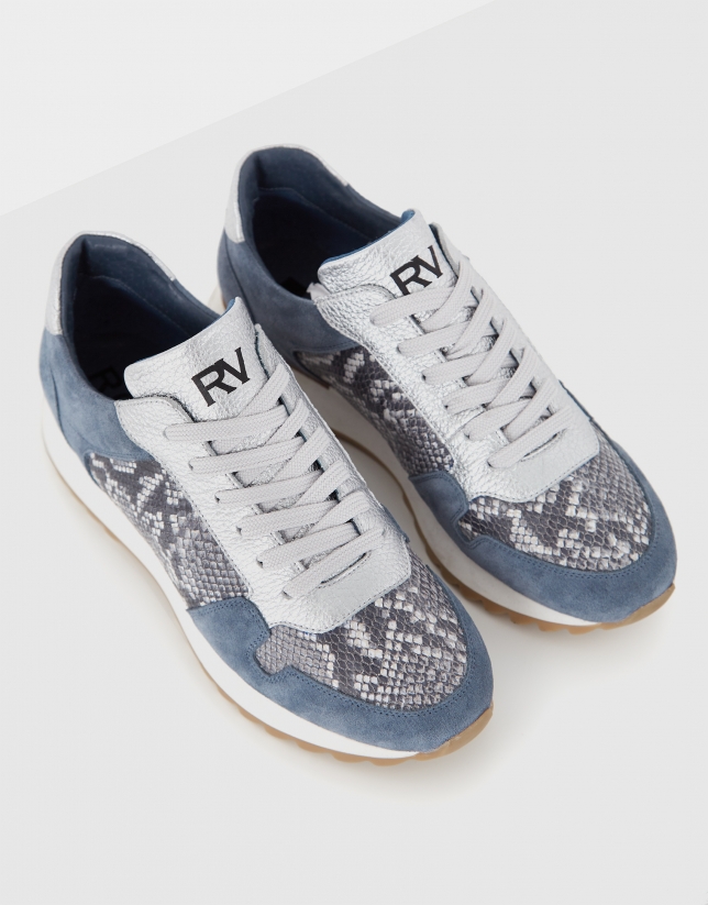 Gray suede snakeskin running shoes