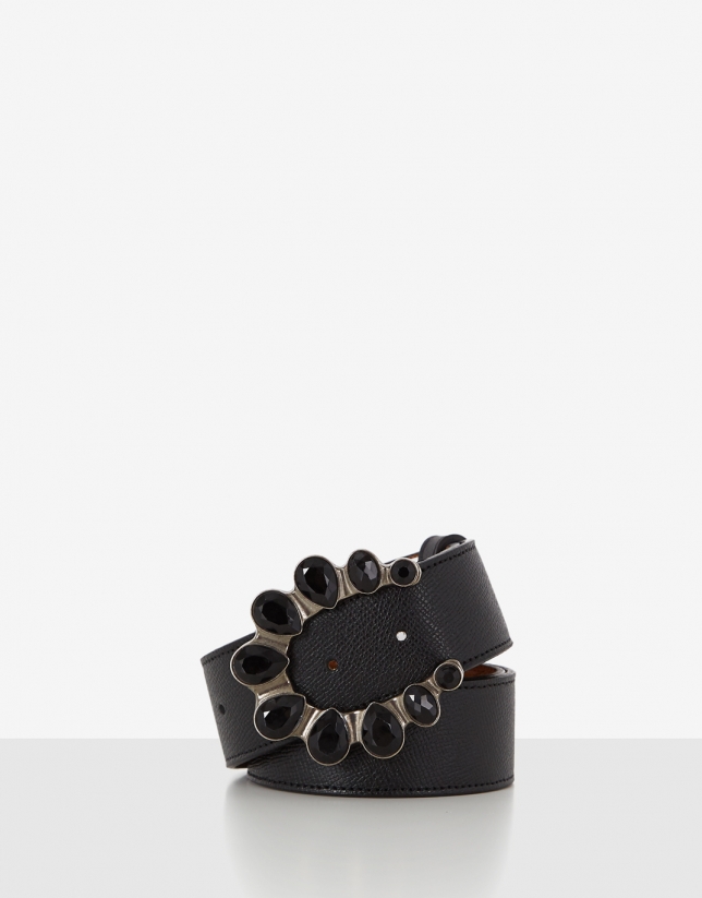 Black Saffiano leather belt with rhinestones