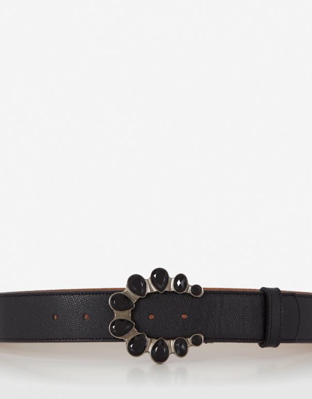 Black Saffiano leather belt with rhinestones