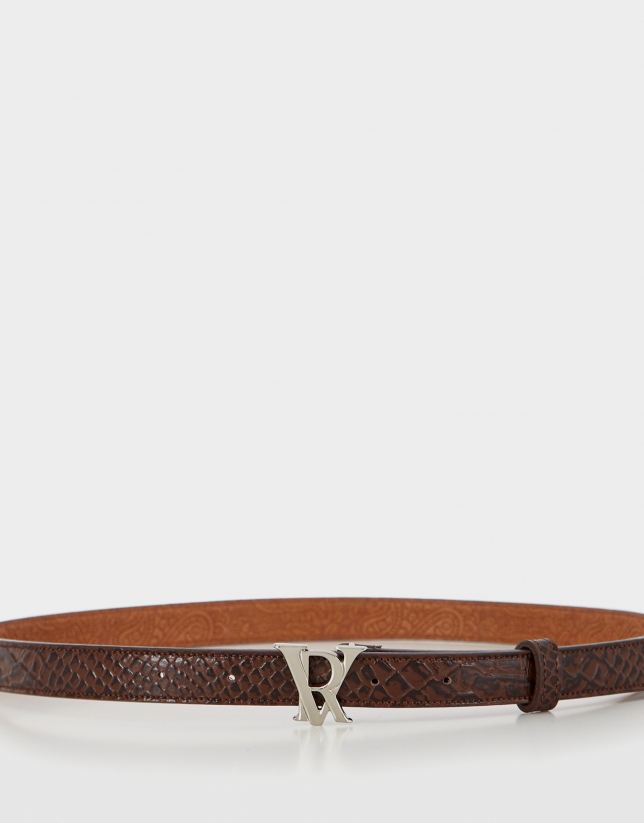 Brown snakeskin embossed leather belt