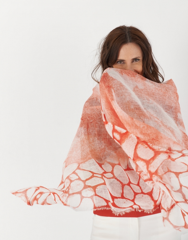 Coral color print linen scarf with rhinestones