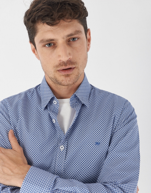 Blue and white geometric print sport shirt