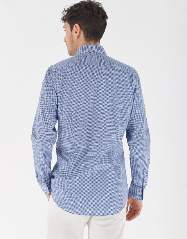 Blue and white geometric print sport shirt