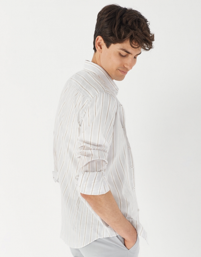 Camel striped cotton and linen sport shirt