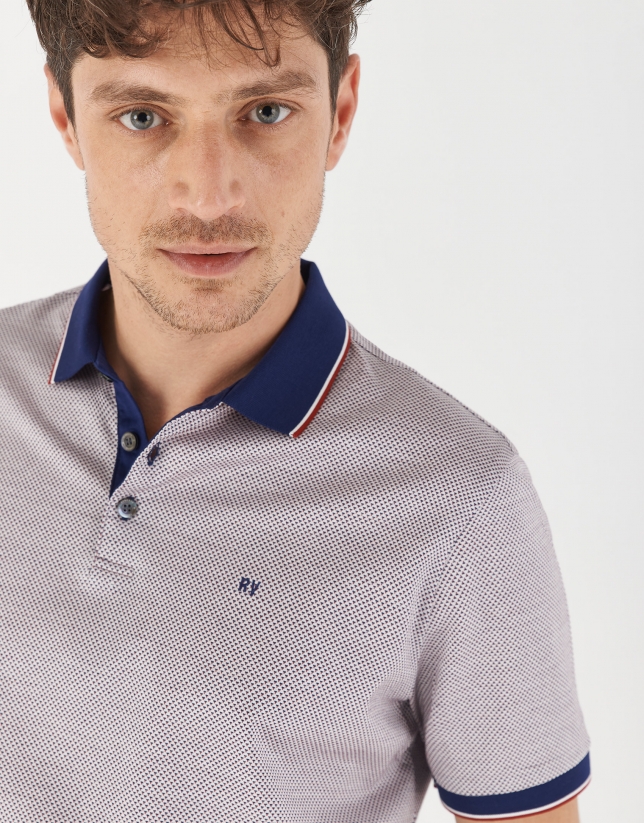 Navy blue, red and white mercerized jacquard polo