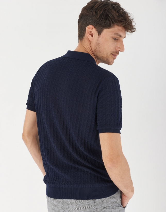 Navy blue cotton knit polo shirt