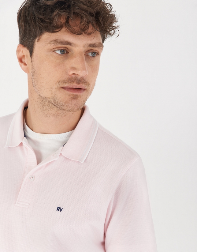 Pink pique cotton polo shirt with white outlines