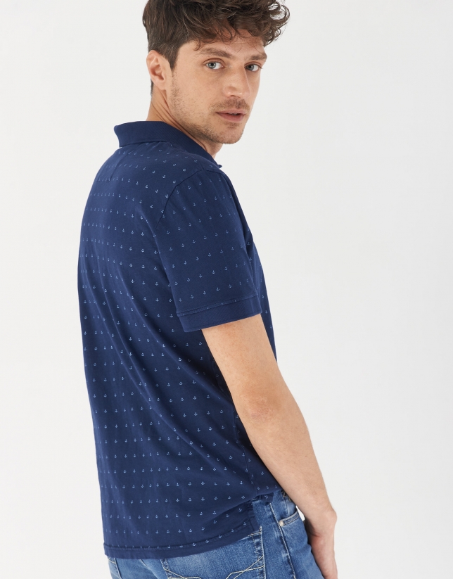 Navy blue cotton polo shirt with anchor print