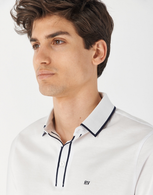 White mercerized cotton polo shirt with contrasting navy blue jacquard