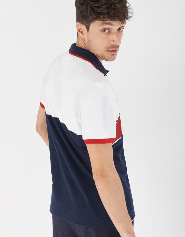 Navy blue, red and white color block polo shirt
