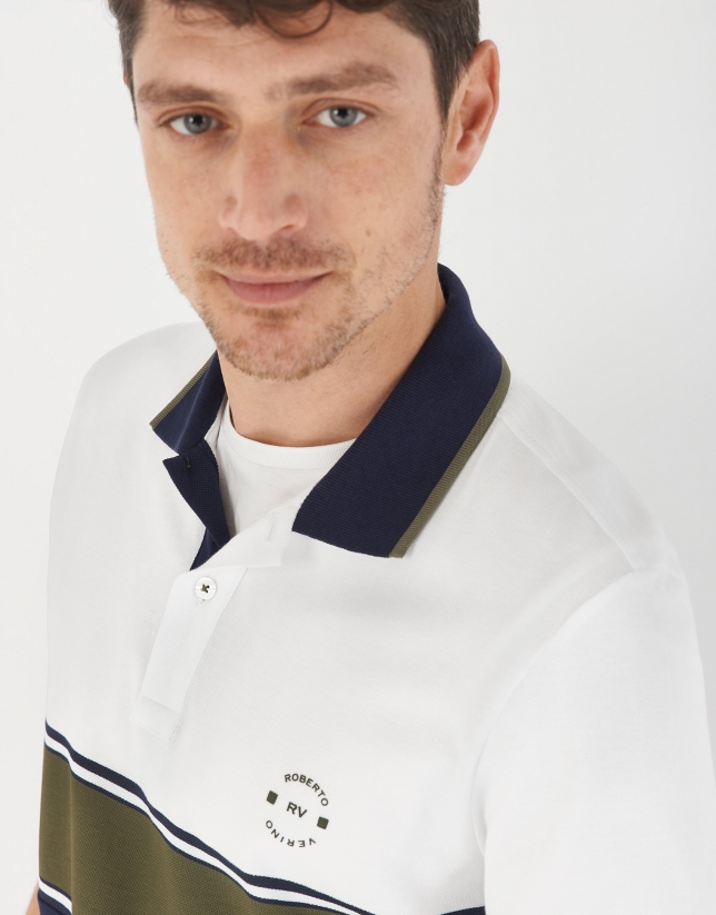 Navy blue, khaki and white color block polo shirt