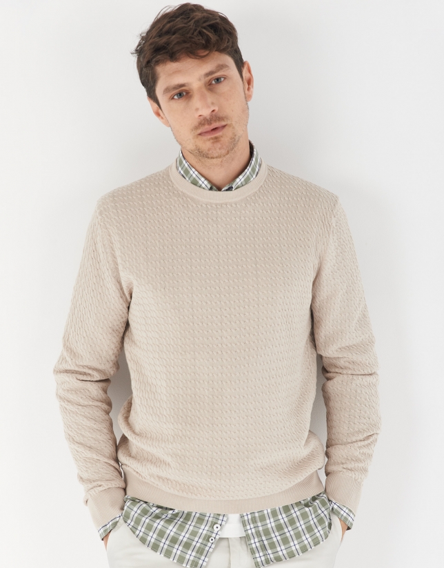 Beige jacquard sweater with cable stitch knit