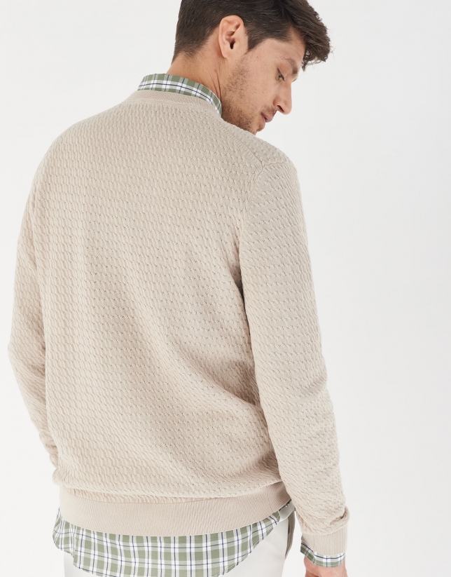 Beige jacquard sweater with cable stitch knit