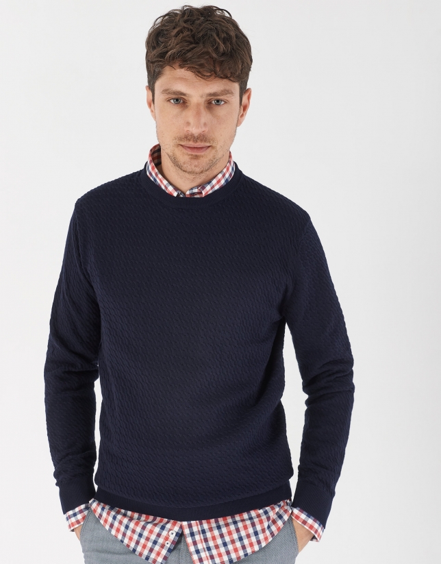 Navy blue jacquard sweater with cable stitch knit