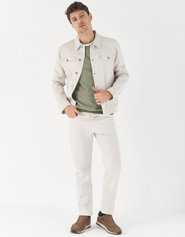 Khaki sweater with white contrasting collar