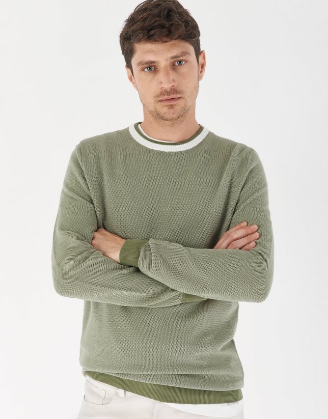 Khaki sweater with white contrasting collar