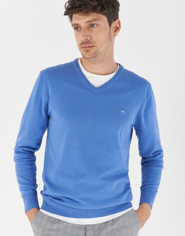 Blue cotton sweater with V-neck