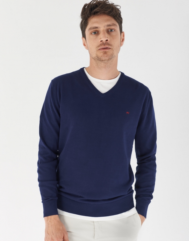 Navy blue cotton sweater with V-neck