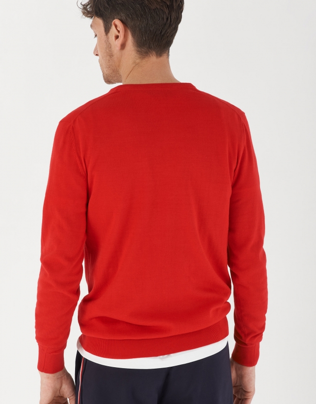 Red cotton sweater with V-neck