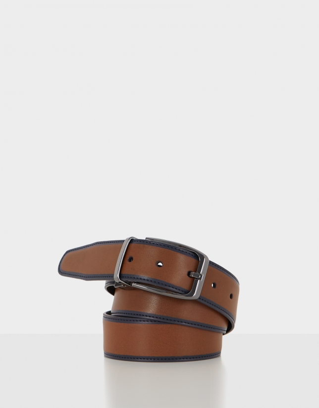 Brown and navy blue reversible leather belt