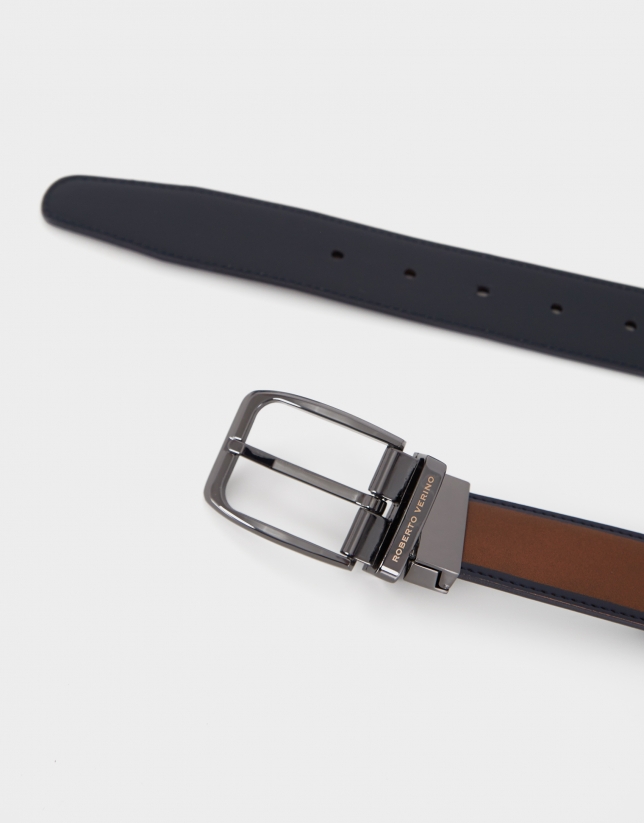 Brown and navy blue reversible leather belt