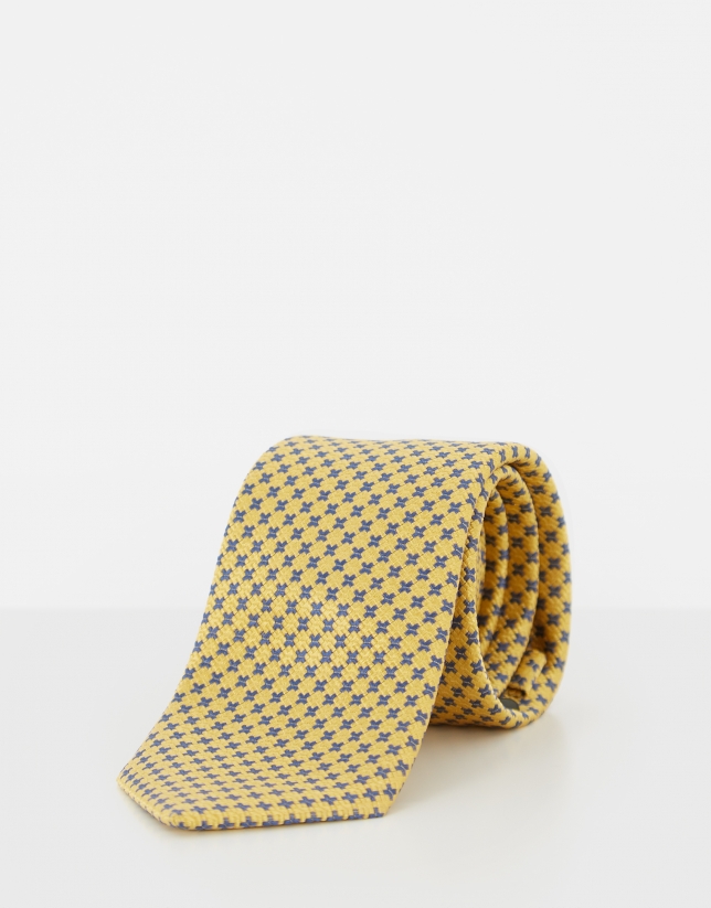 Corbata seda amarilla jacquard geométrico azul