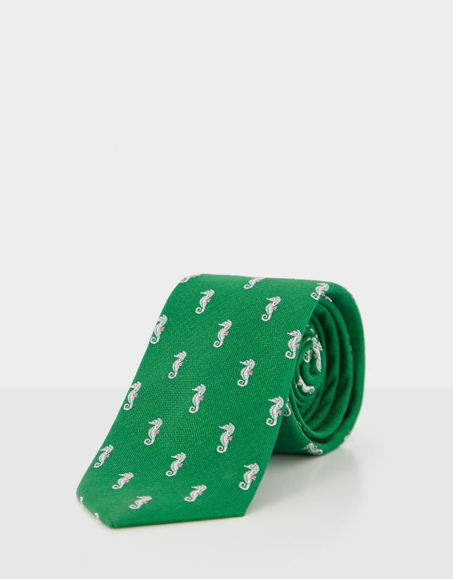 Green silk tie with off white jacquard sea horses