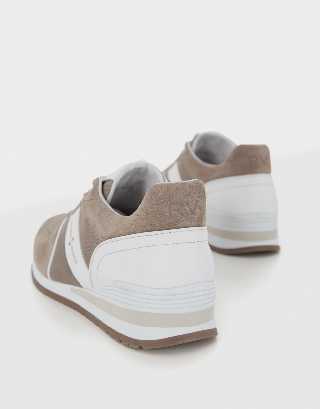 Camel and white suede running shoes