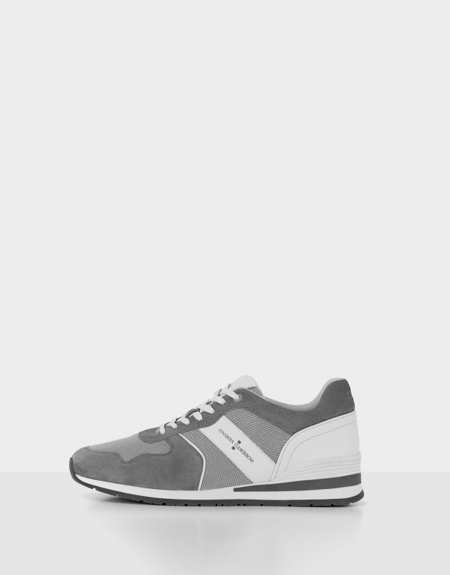 Bluish gray and white suede running shoes