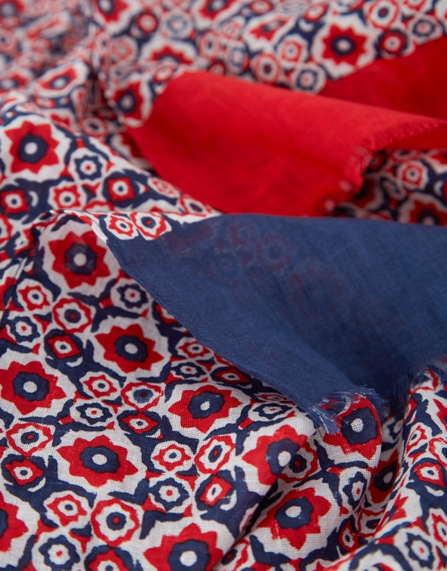 Fular lino/algodón flores geométricas rojo/marino