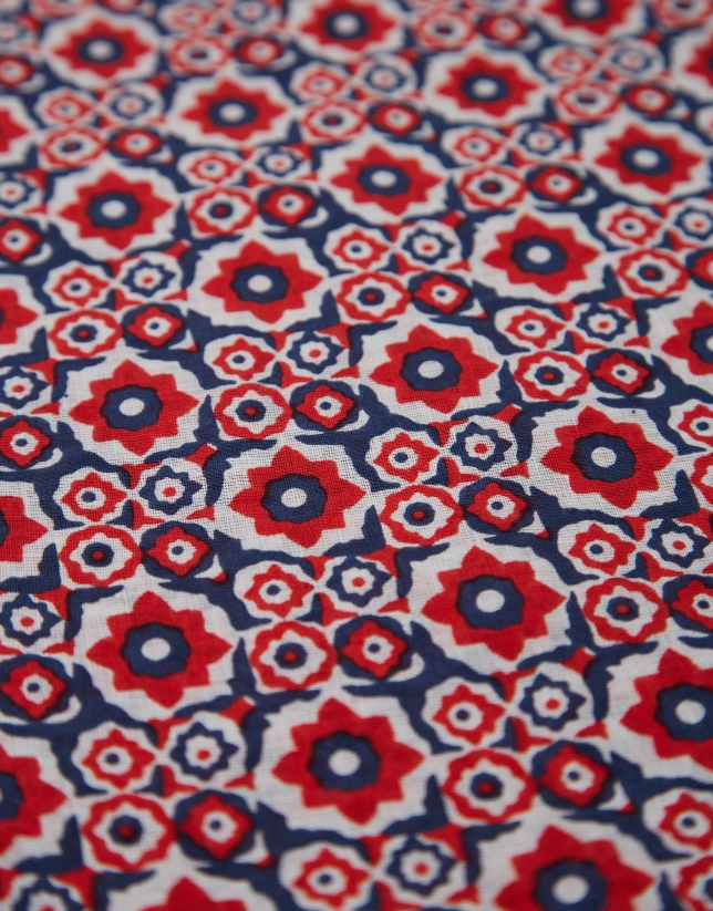 Red and navy blue cotton and linen scarf with geometric floral print