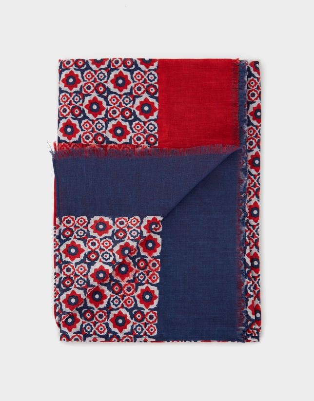Red and navy blue cotton and linen scarf with geometric floral print