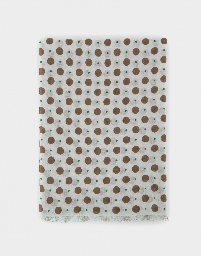 Cotton and linen scarf with white leaves and green dots