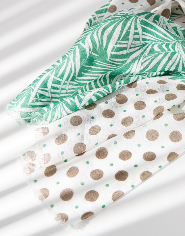 Cotton and linen scarf with white leaves and green dots