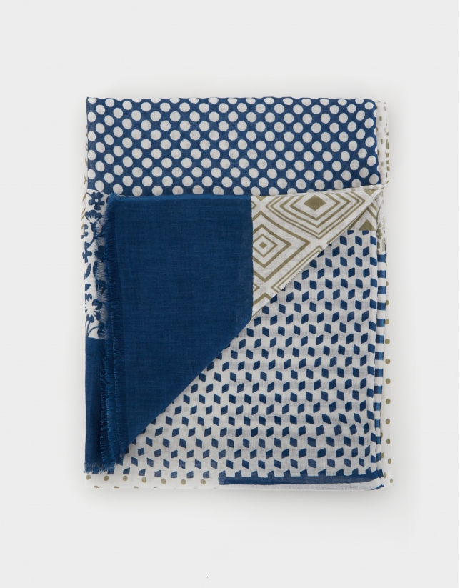 Cotton and linen scarf with white, blue and khaki patchwork design